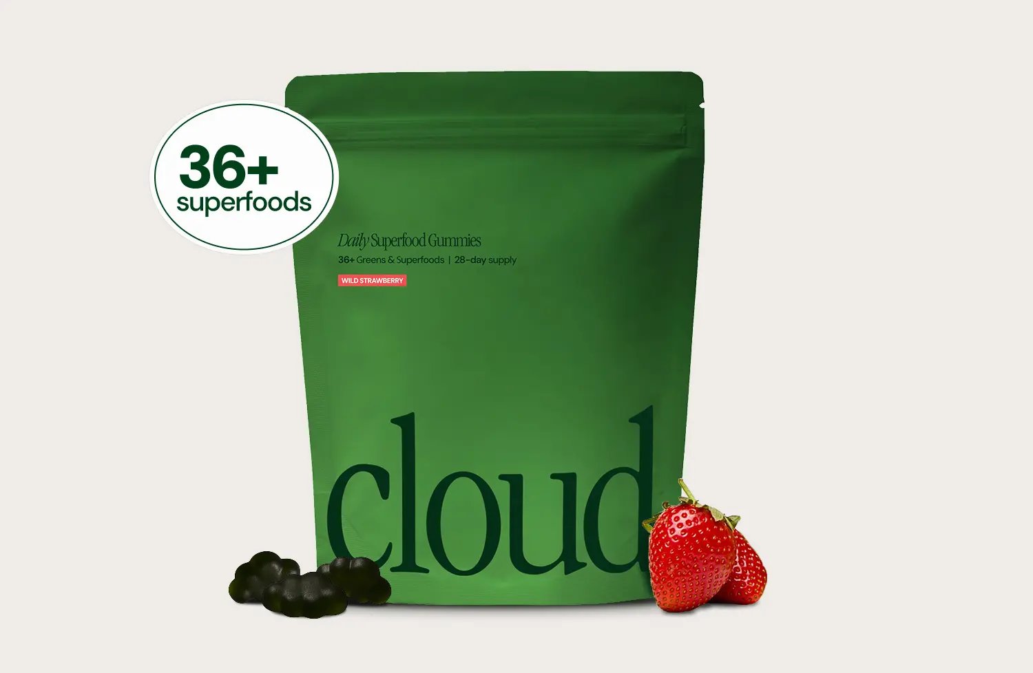 Cloud Daily Superfood Gummies pouch with strawberries and blackberries