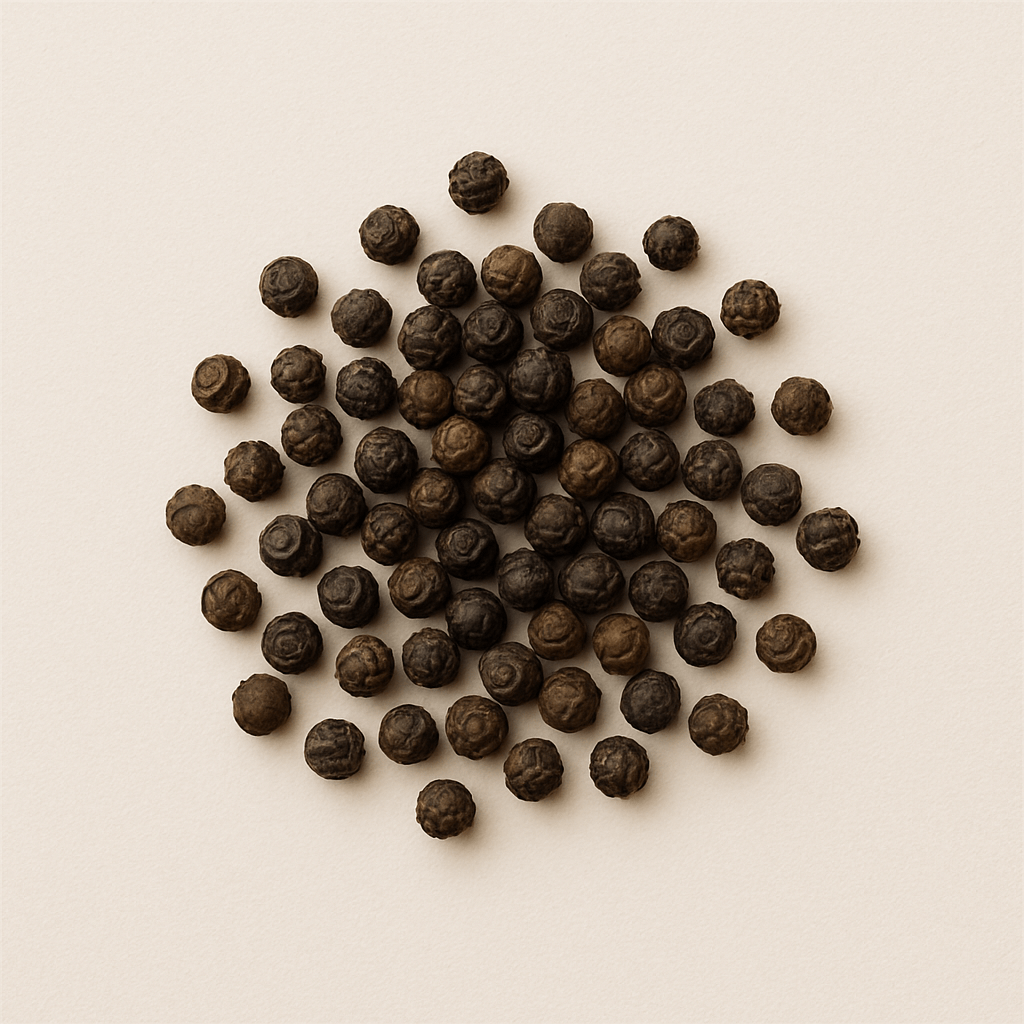 A cluster of black peppercorns on a light background.