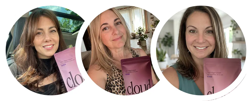 Three circular photos show smiling women holding up pouches of Cloud brand collagen gummies.