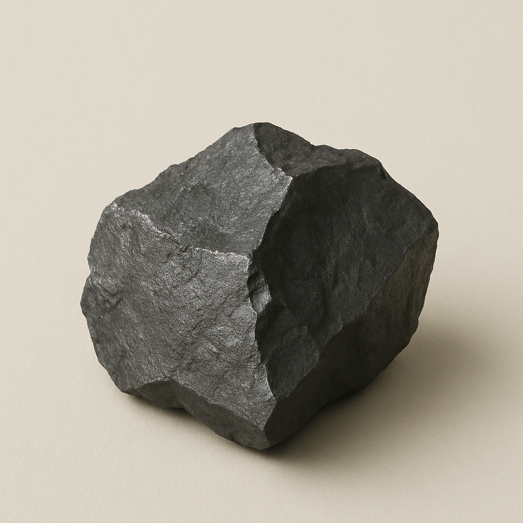 A rough, dark gray rock on a light background.
