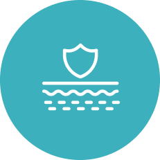 White shield icon over wavy lines in a turquoise circle.