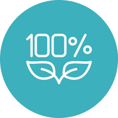 A turquoise circle with '100%' above two leaves.