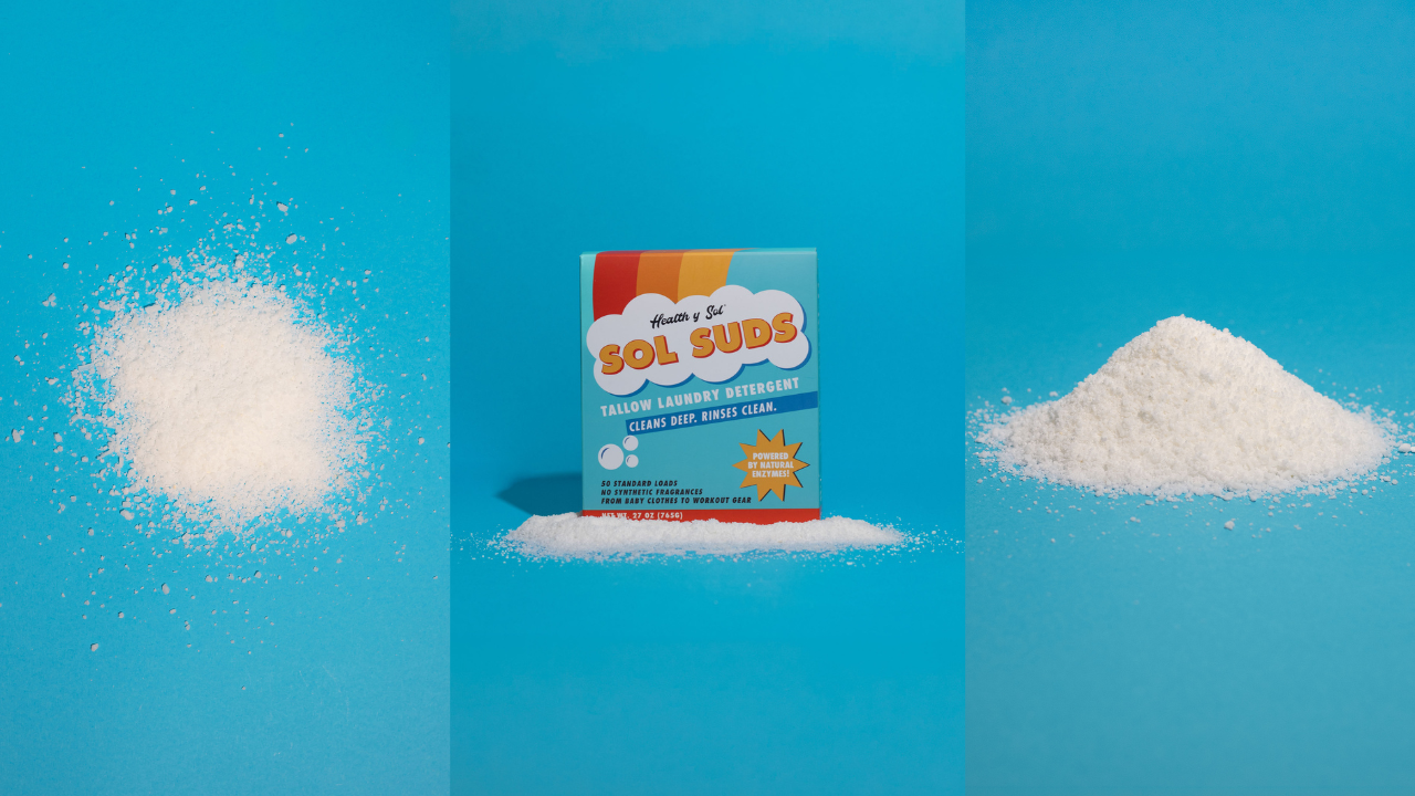 A box of Sol Suds laundry detergent shown in a triptych with two piles of the powder.