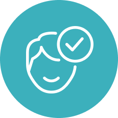 White outlined smiling face with checkmark on teal circle background.