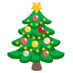 Illustration of a decorated Christmas tree with a star on top.