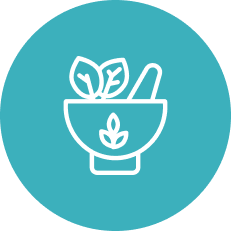 Illustration of a mortar and pestle with leaves on a teal circular background.