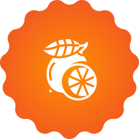 A white icon of a lemon and a lemon slice inside an orange, scalloped circle.