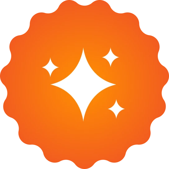 An orange, scalloped-edge circle with a white sparkle icon in the center.