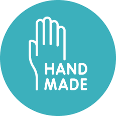 Illustration of an open hand with the text 'HAND MADE' on a teal circle background.