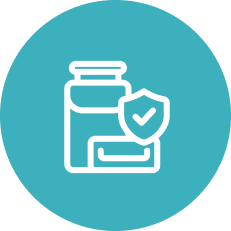 White vaccine bottle and shield icon on teal background.