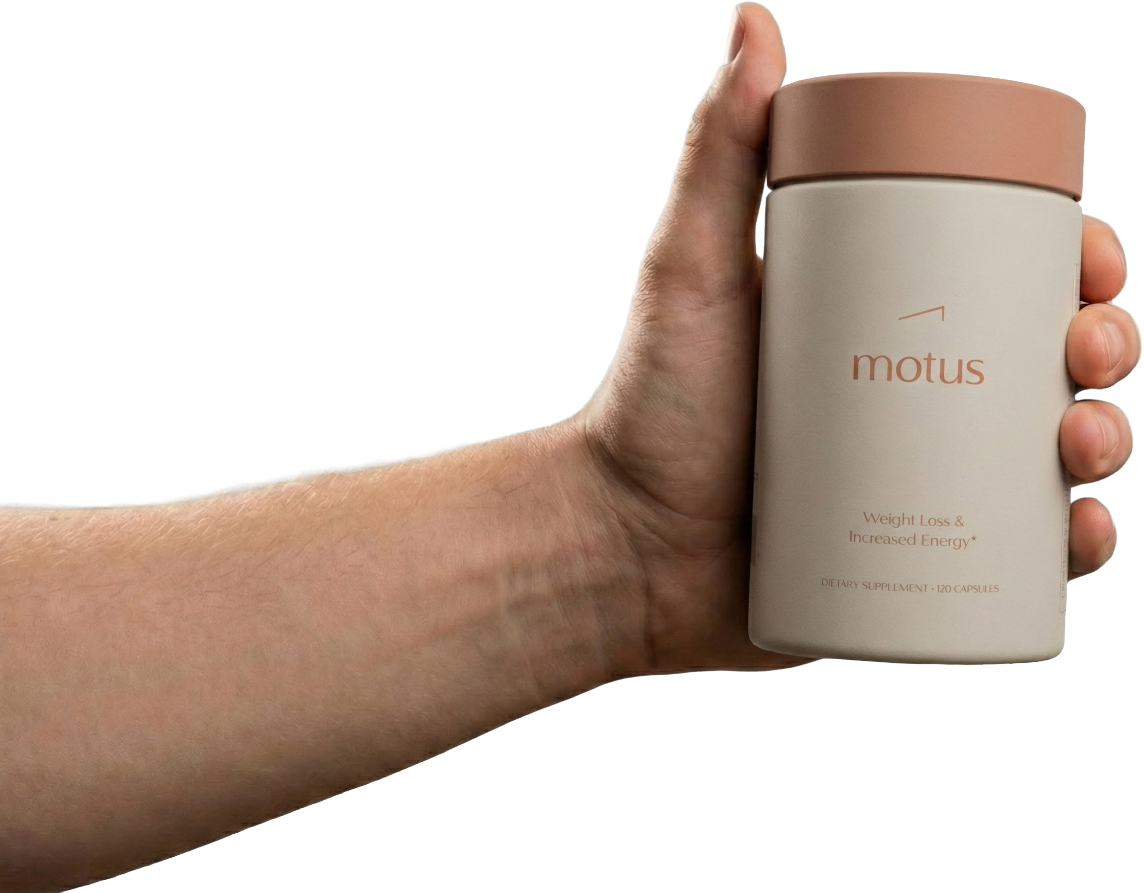Hand holding a tan supplement bottle labeled 'motus'.