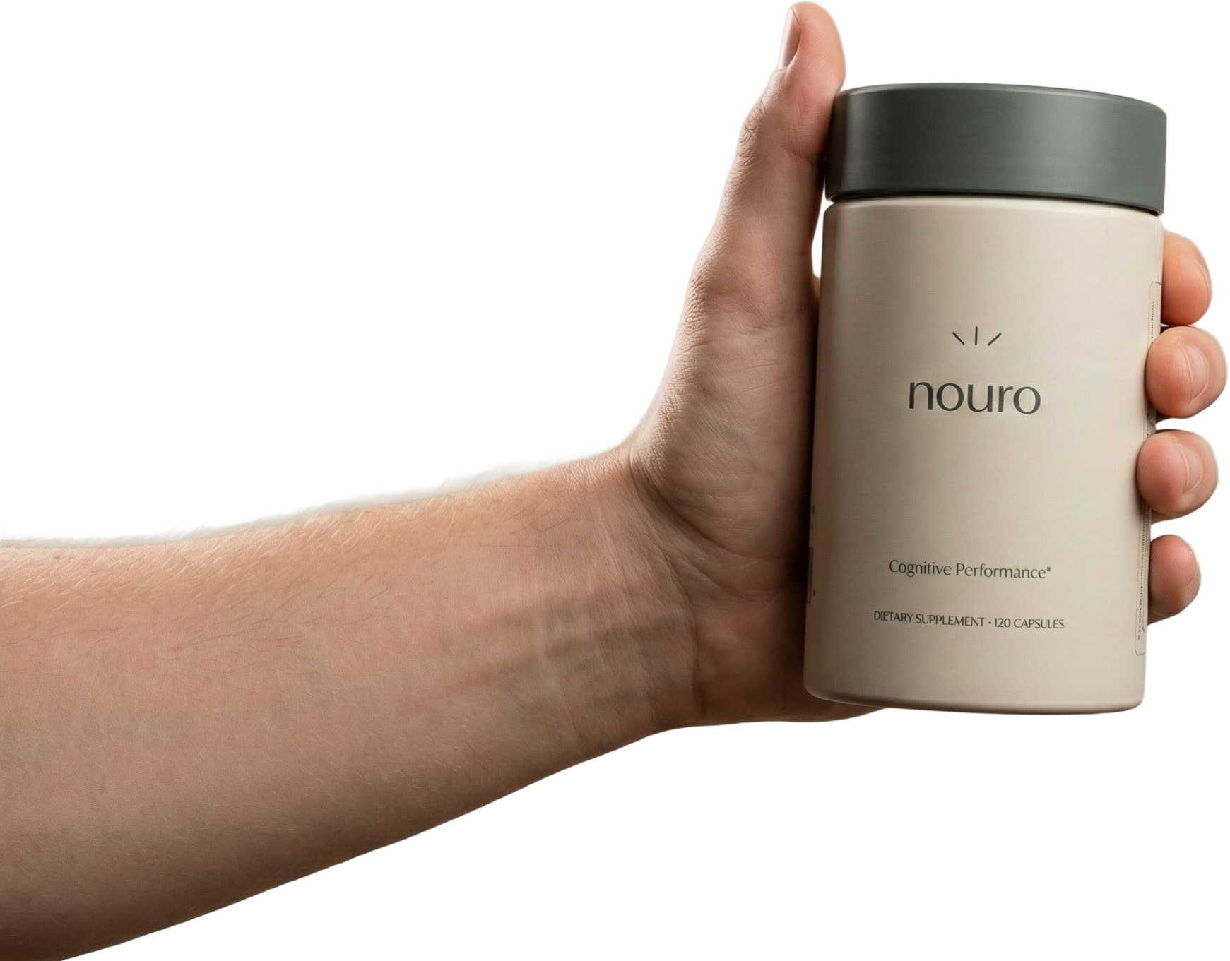 Hand holding a cylindrical beige container labeled 'nouro' and 'Cognitive Performance'. 