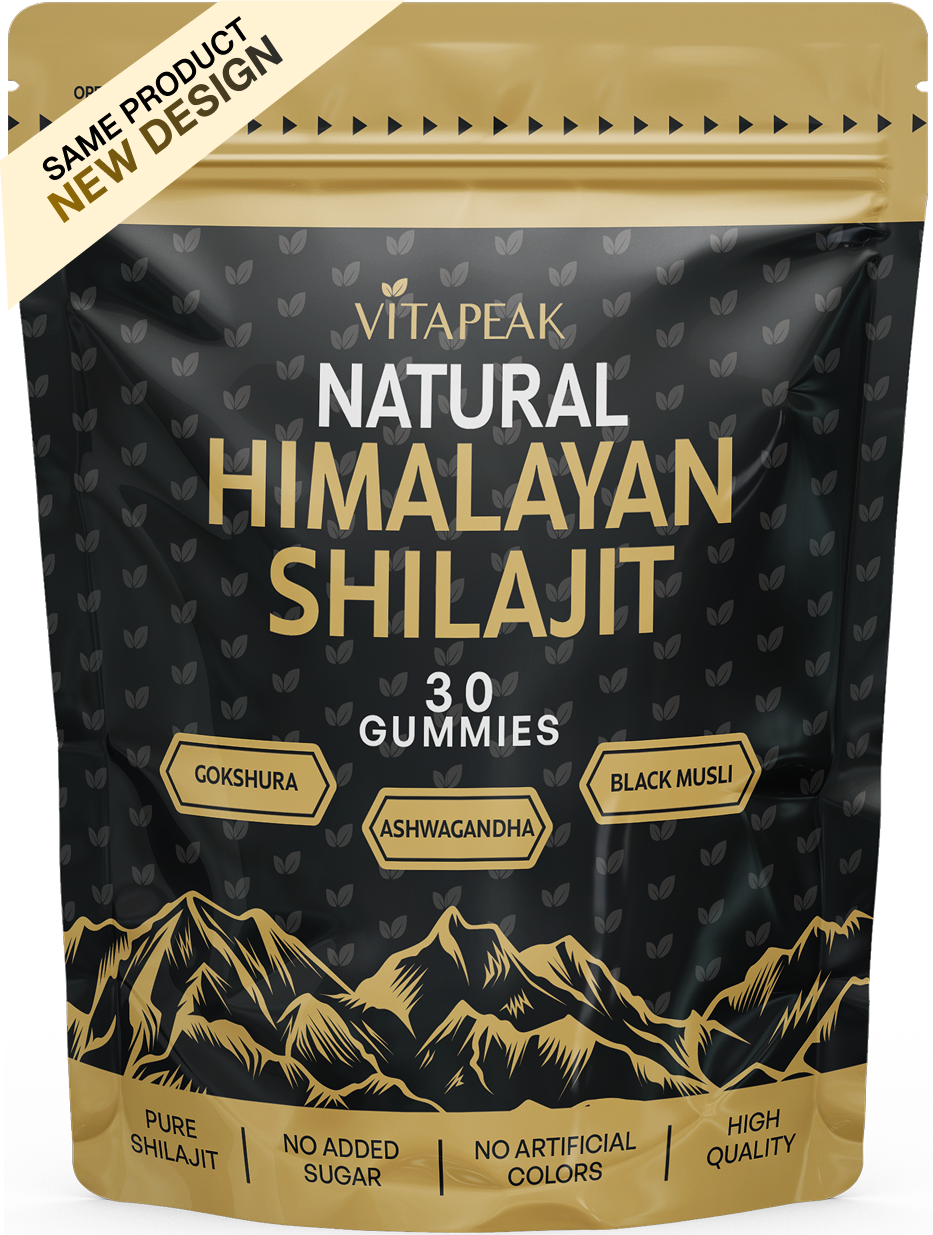 A black and gold pouch of VitaPeak Natural Himalayan Shilajit gummies with a 'New Design' banner.