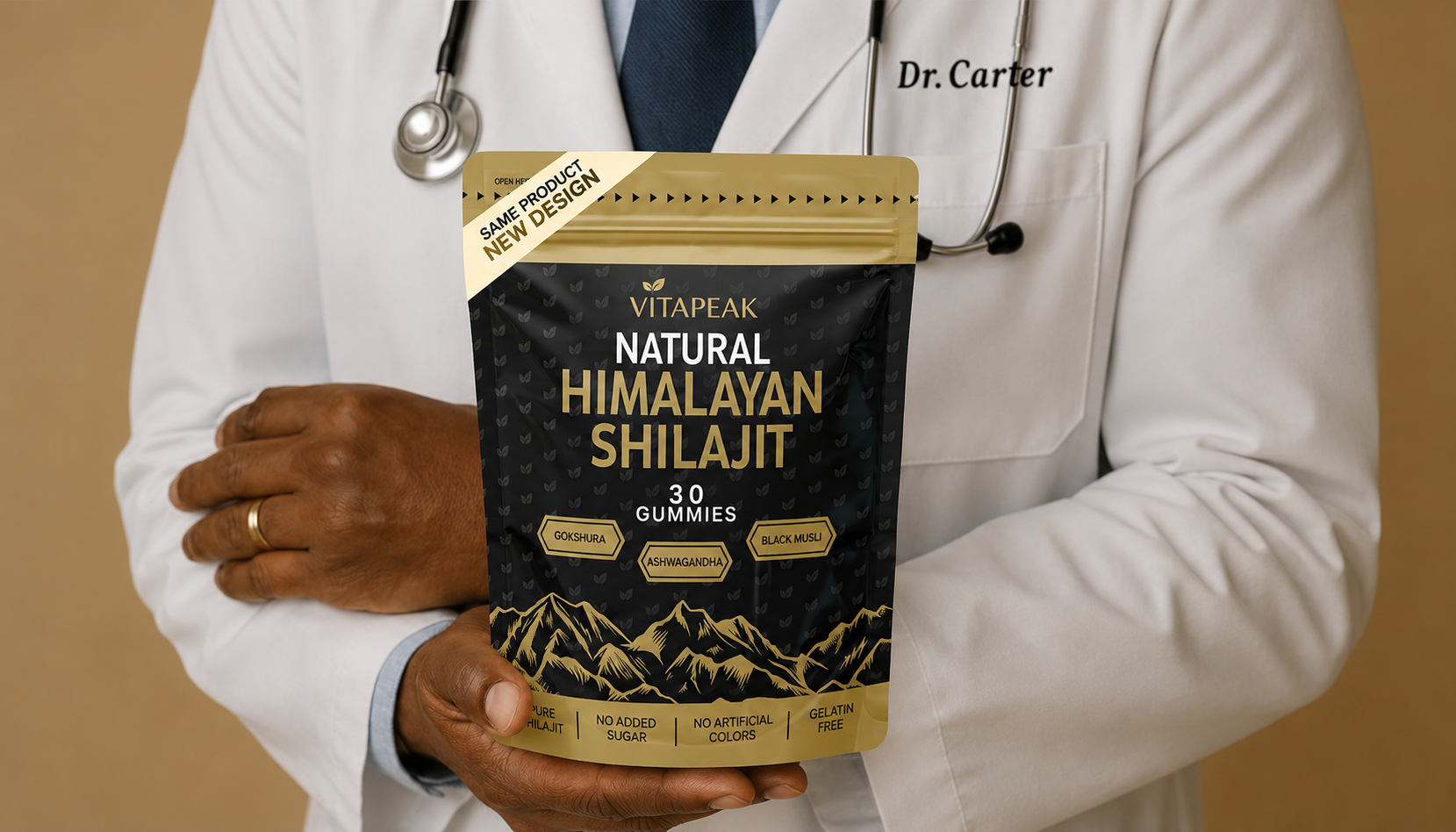 A doctor in a white coat holds a pouch of VitaPeak Natural Himalayan Shilajit gummies.