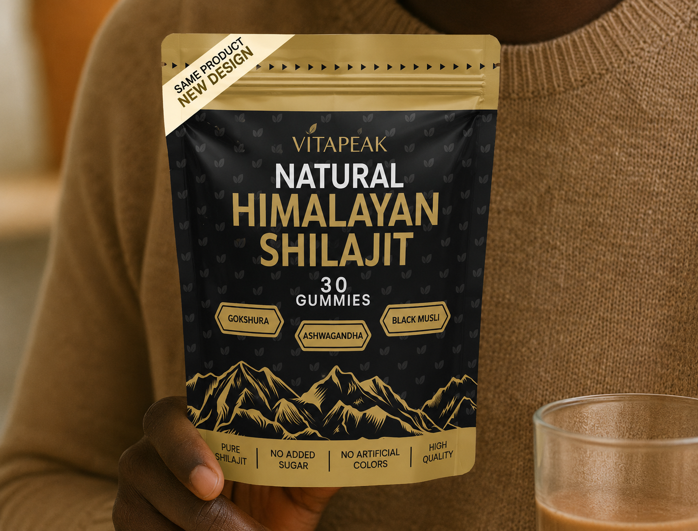 A person holding a pouch of VitaPeak Natural Himalayan Shilajit gummies.