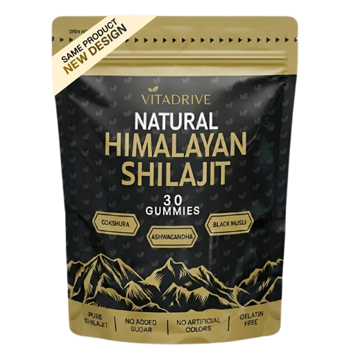 A black and gold pouch of Vitadrive Natural Himalayan Shilajit gummies against a white background.