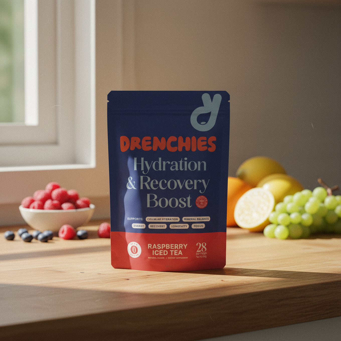 Package of Drenchies Hydration & Recovery Boost on kitchen counter with fruit background.