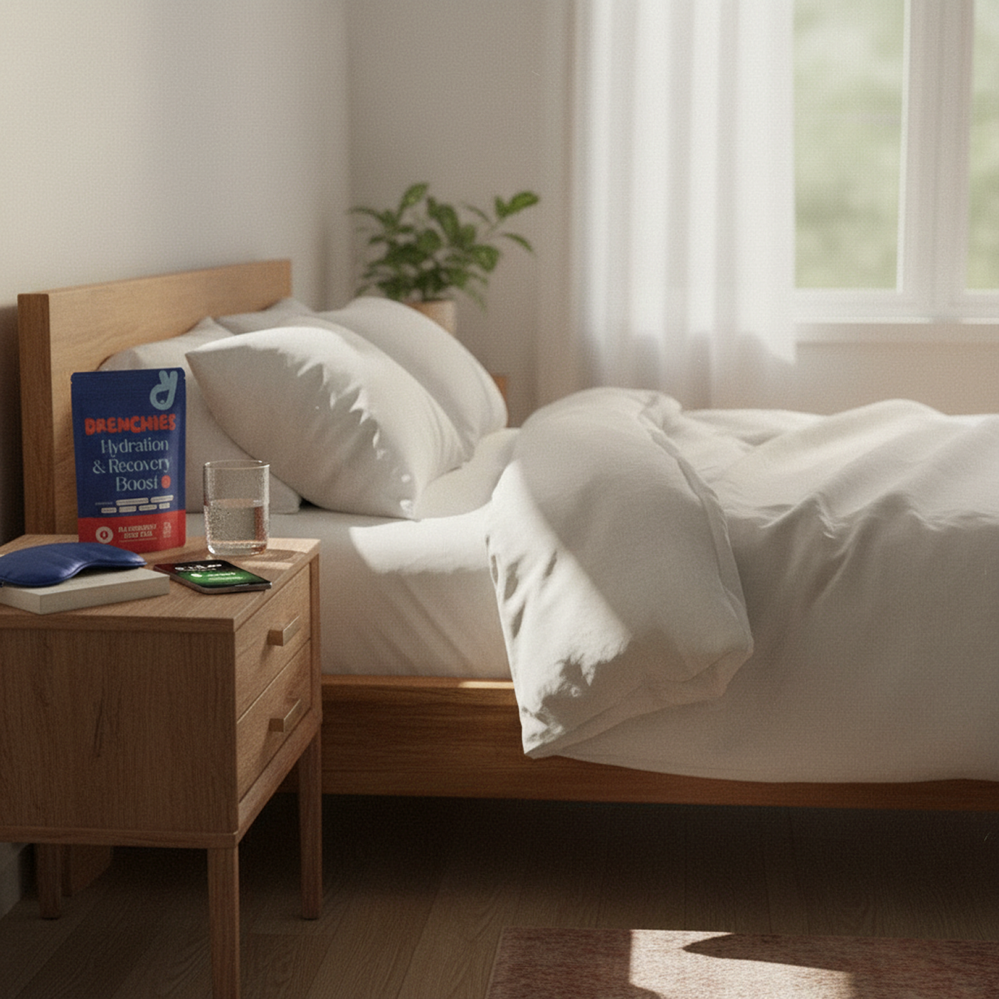 Sunlit bedroom with a bed, plant, and bedside table items.