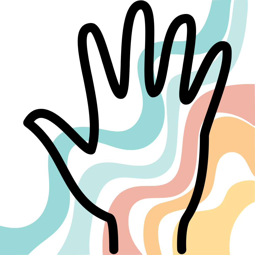 Black hand outline over colorful wavy background.