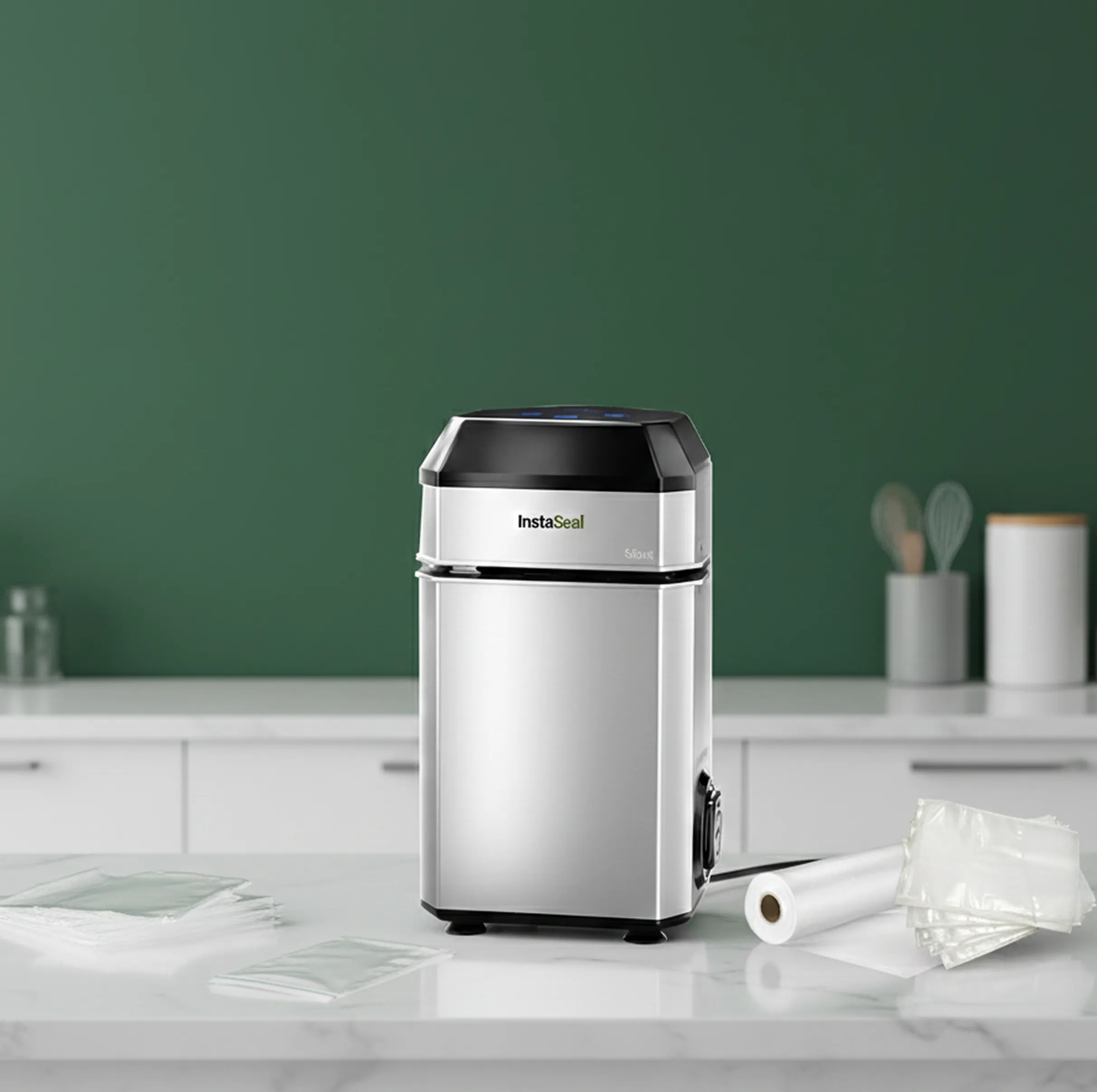 A stainless steel InstaSeal vacuum sealer on a kitchen countertop with plastic sealer bags.