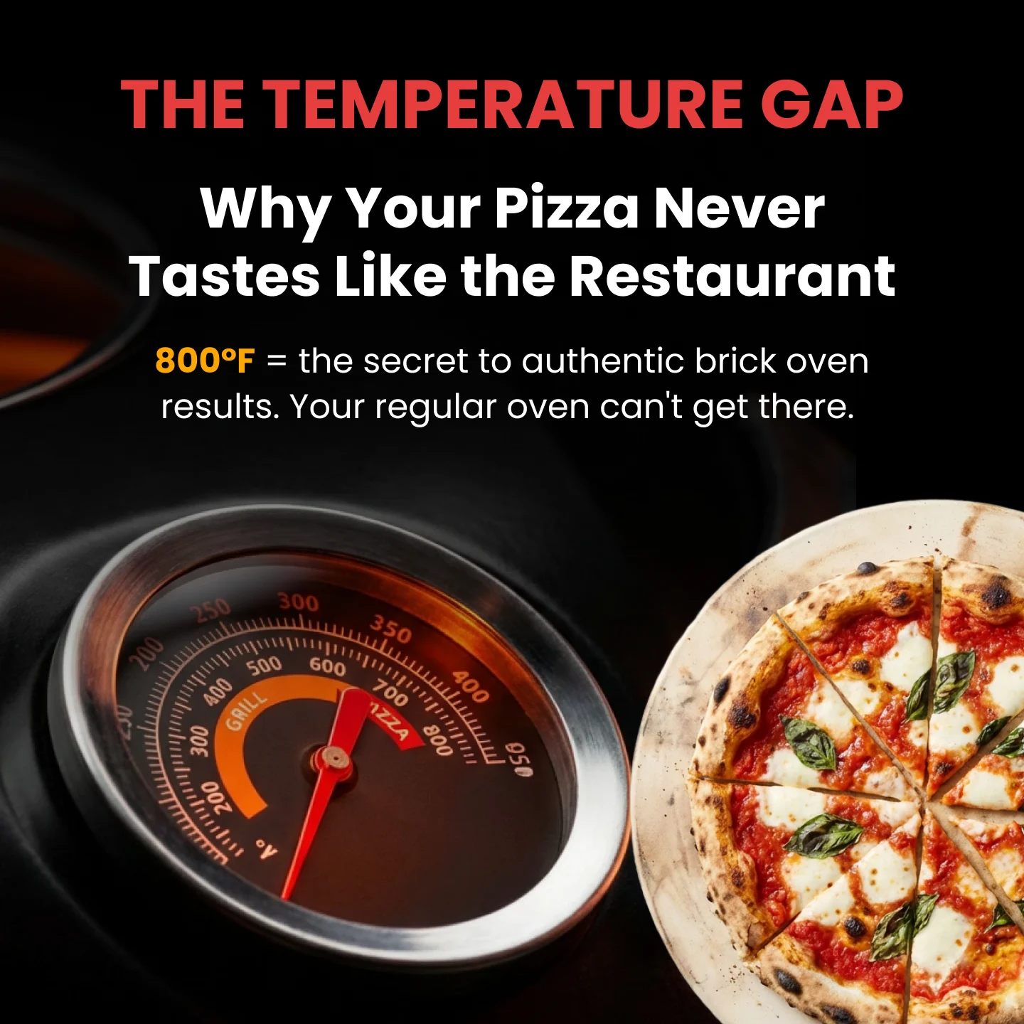 A pizza thermometer at 800°F next to a freshly baked pizza.