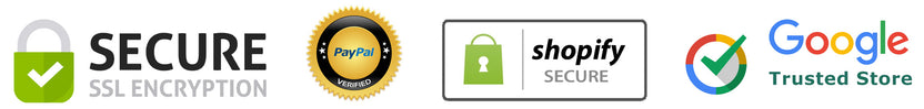 A series of trust badges: Secure SSL, PayPal Verified, Shopify Secure, and Google Trusted Store.