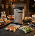 Kitchen counter with a vacuum sealer, food in jars and bags, and spoons.