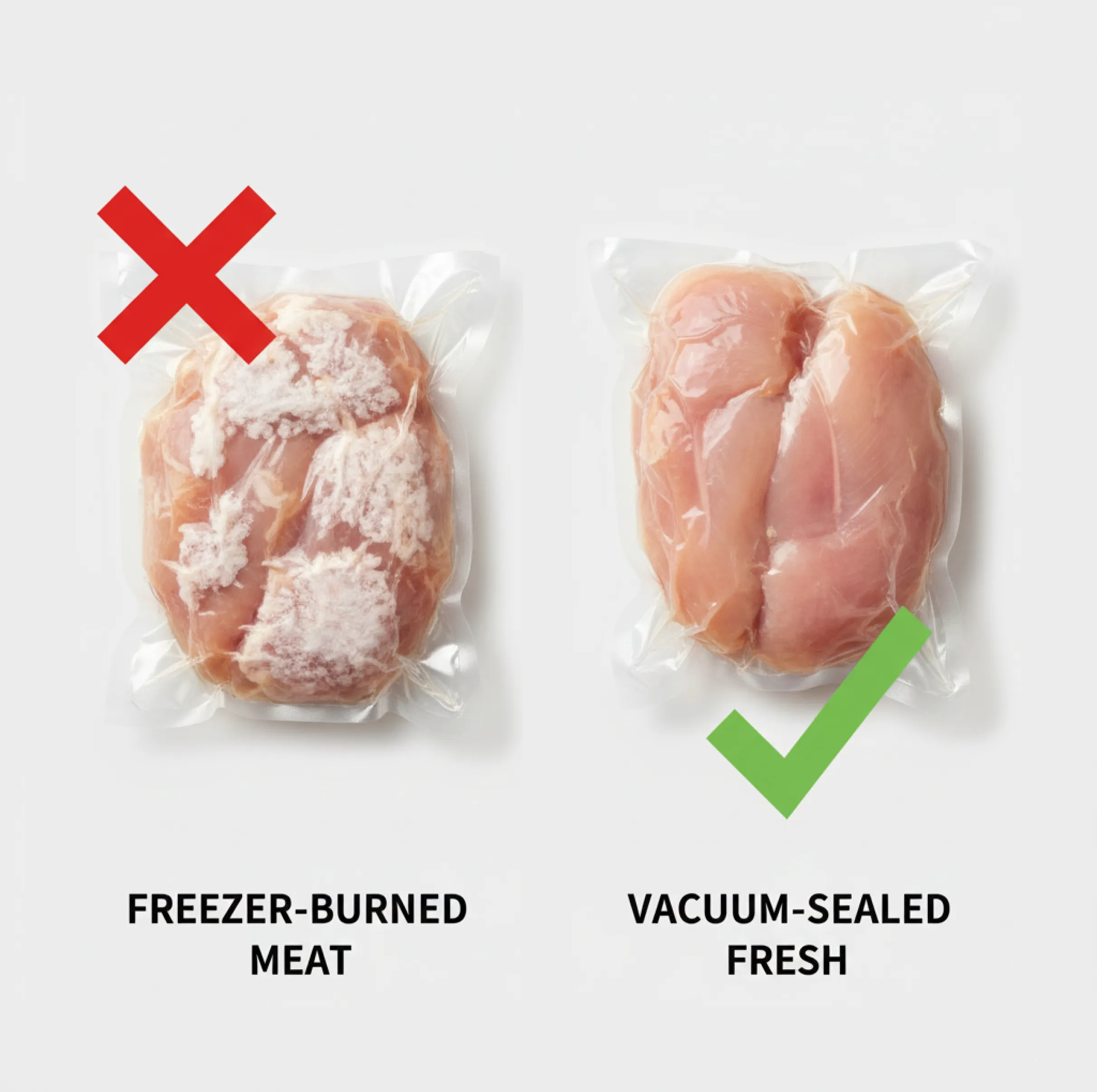 A comparison between a package of freezer-burned meat and a package of fresh, vacuum-sealed meat.