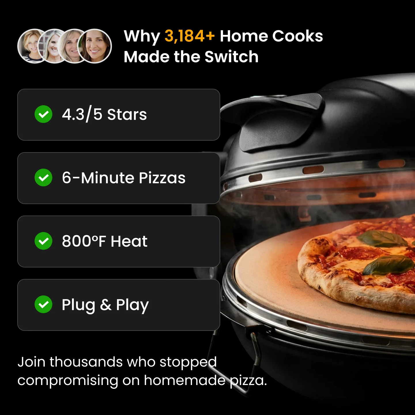 Image of a pizza oven with text highlighting features and ratings.