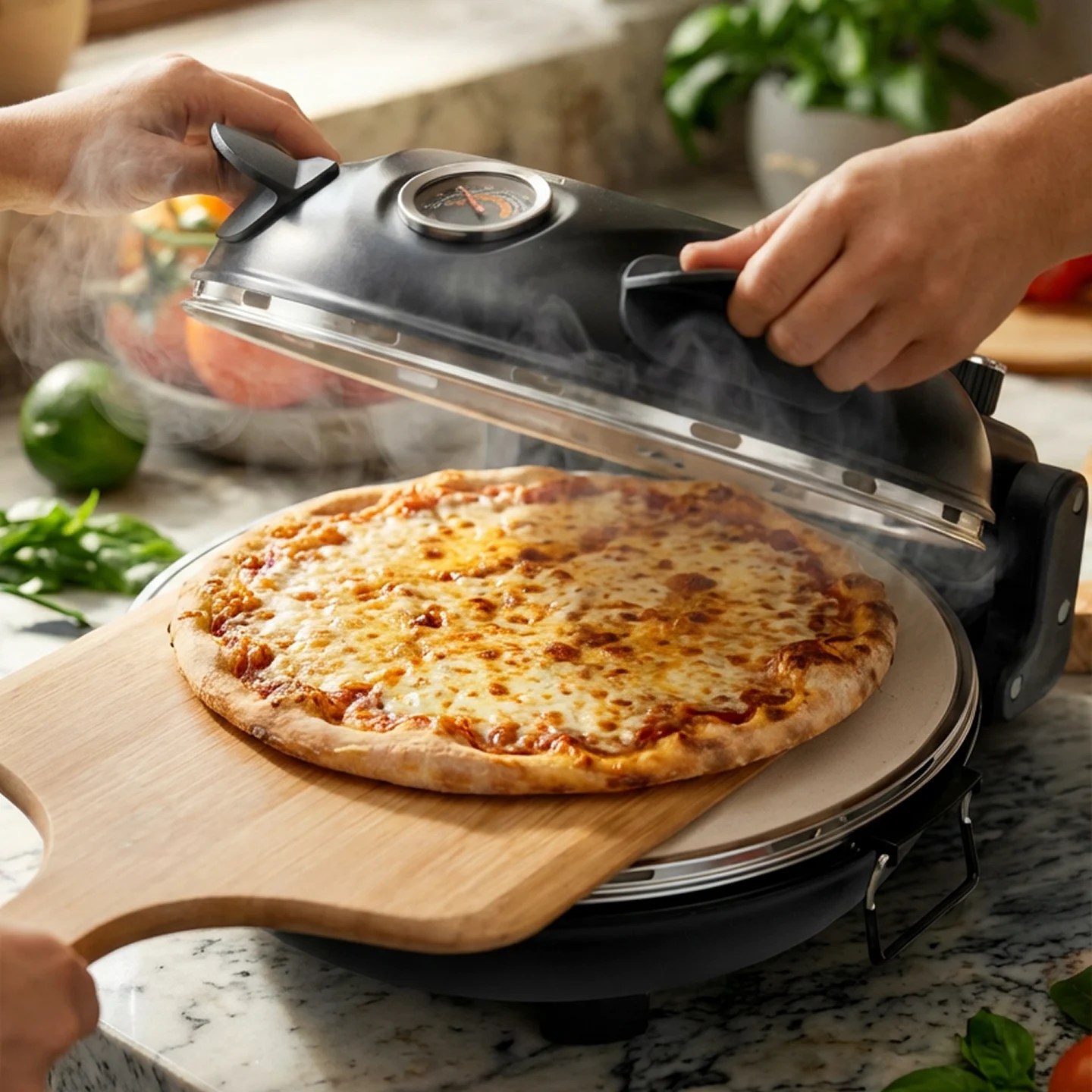 Two hands open a pizza oven with a steaming pizza inside.