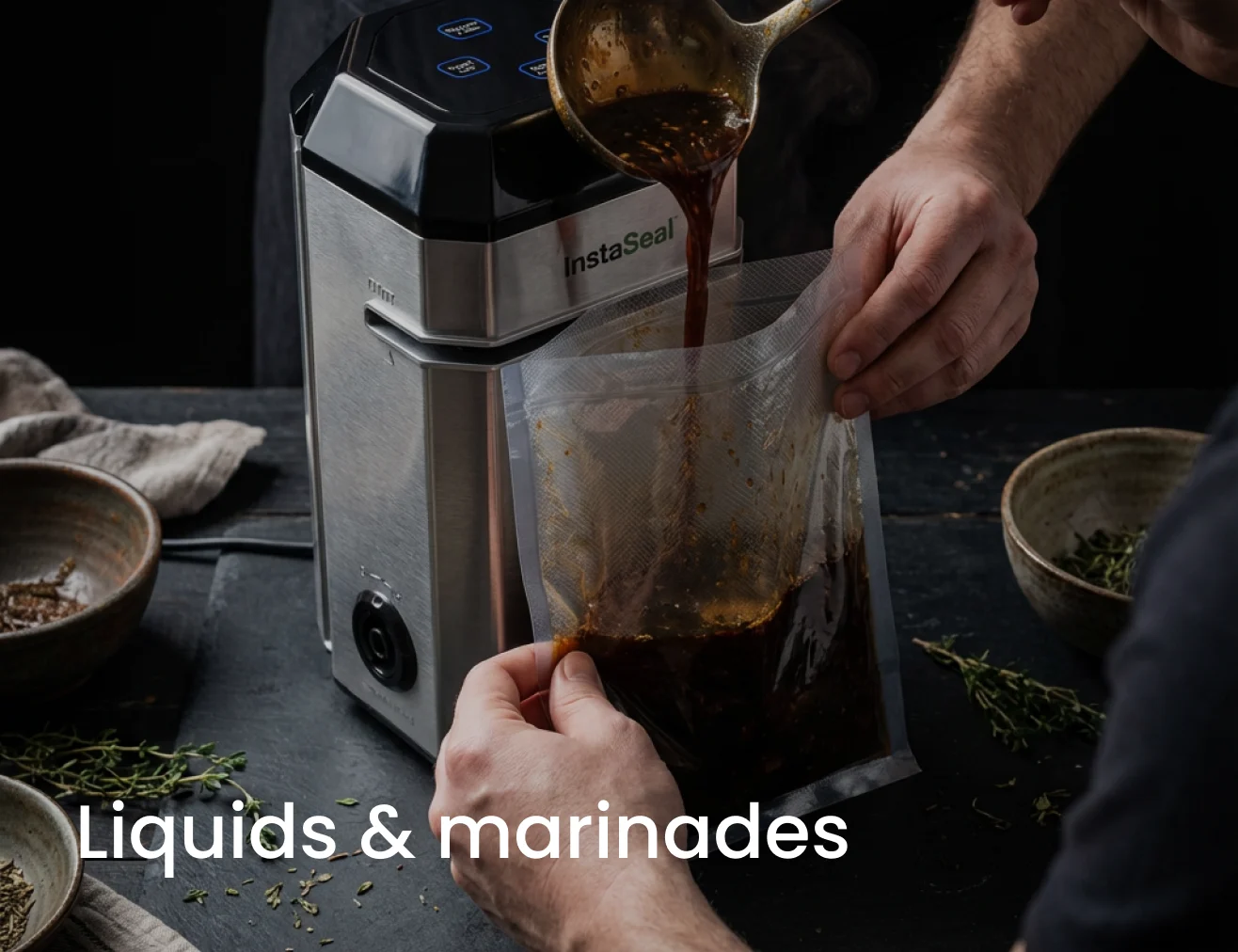 Person pouring marinade into a vacuum sealing bag near an appliance.