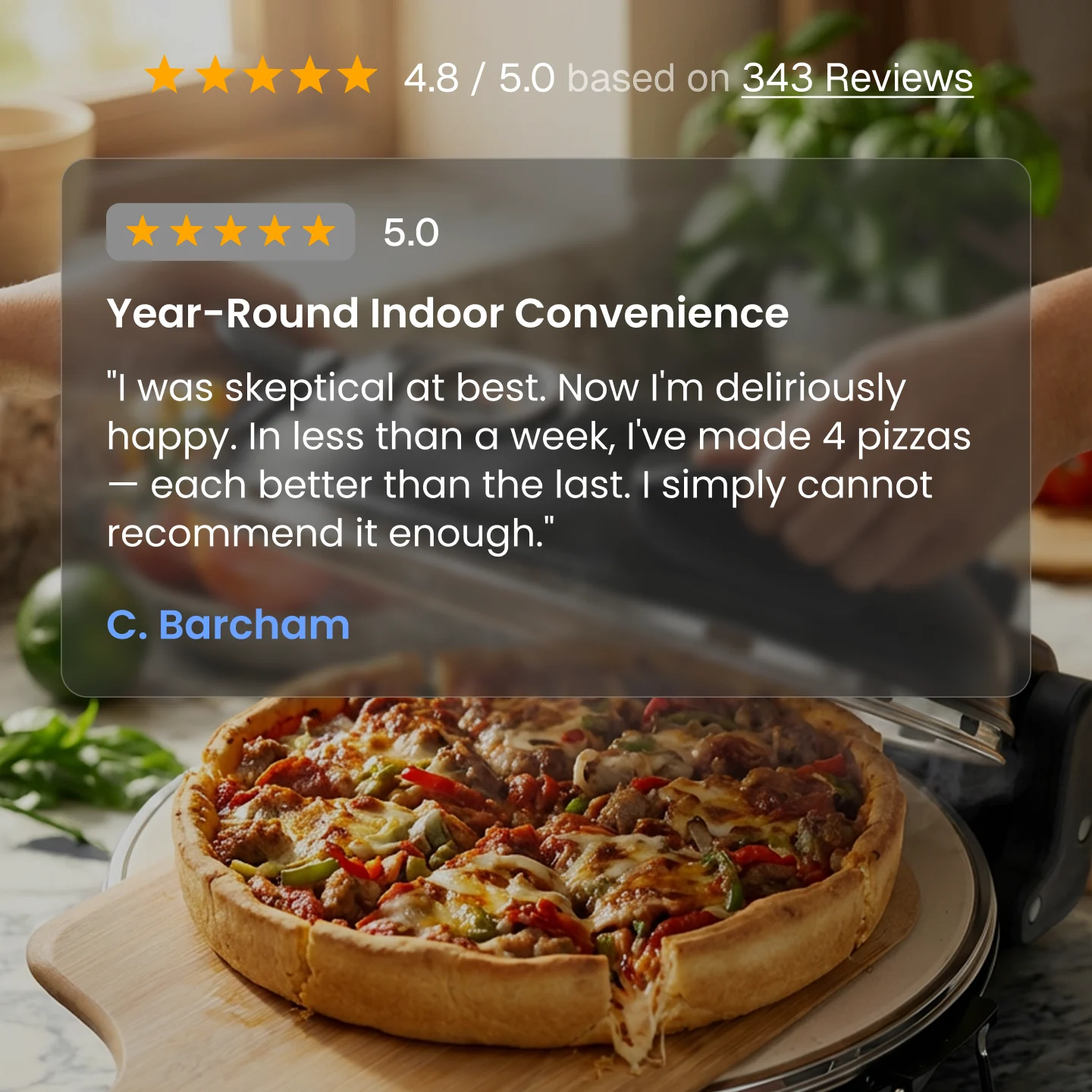 Person cooking a pizza with a text review overlay.