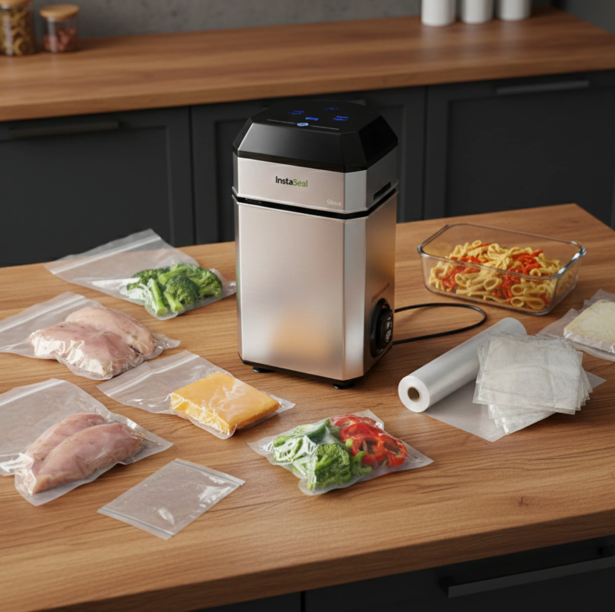 An InstaSeal vacuum sealer on a wooden counter surrounded by sealed bags of chicken, vegetables, and cheese.