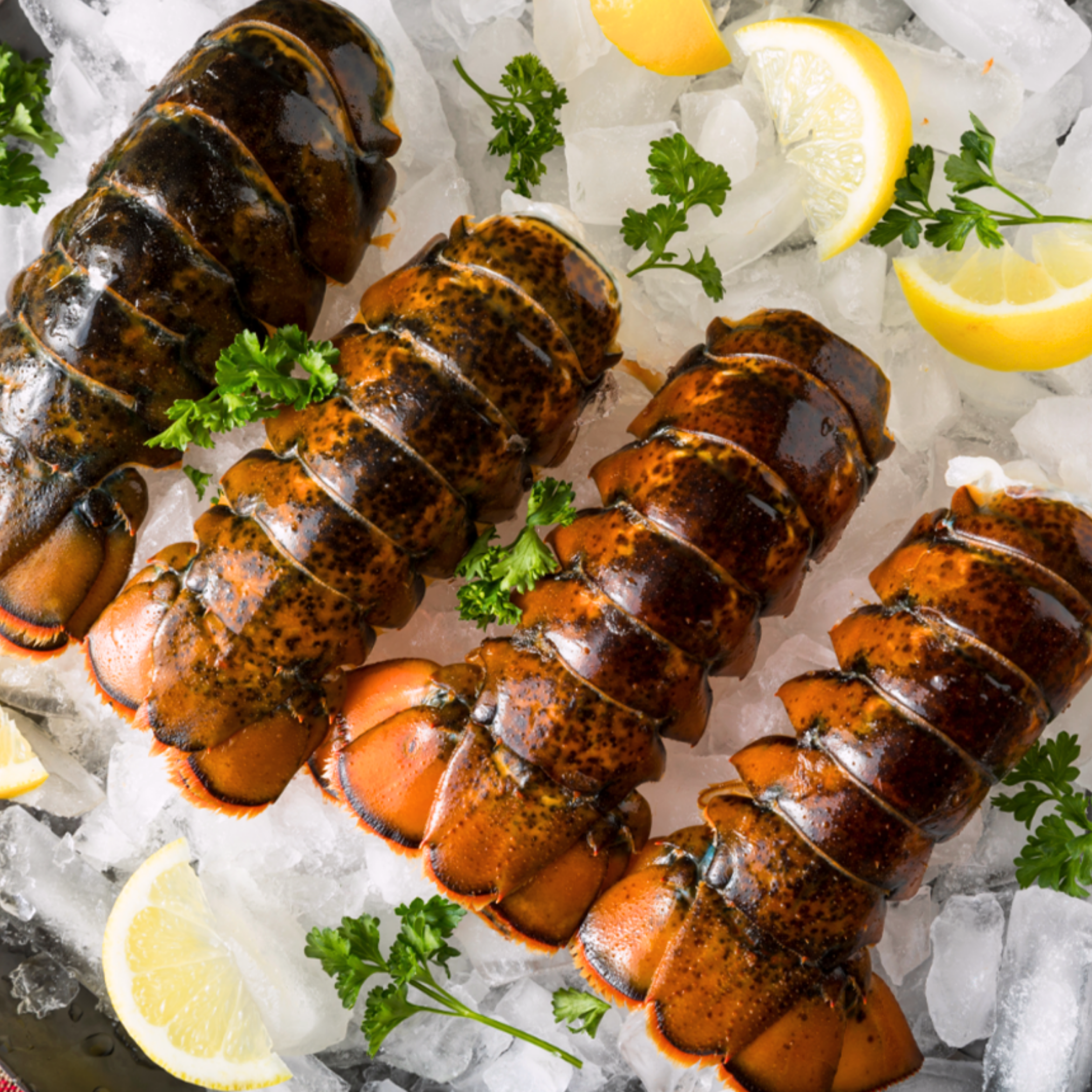 Four raw lobster tails on a bed of ice with lemon wedges and parsley.