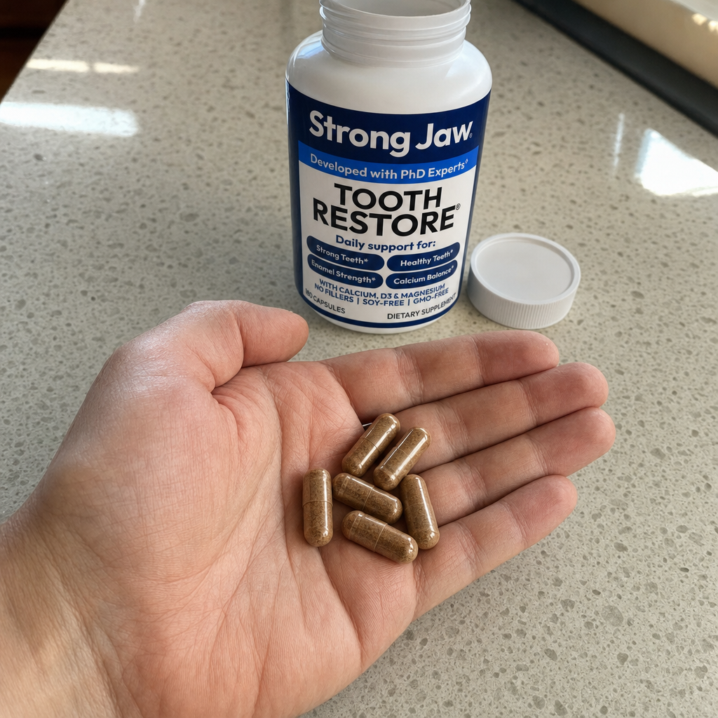 A person's hand holding several brown capsules with a bottle of Strong Jaw Tooth Restore supplement behind it.