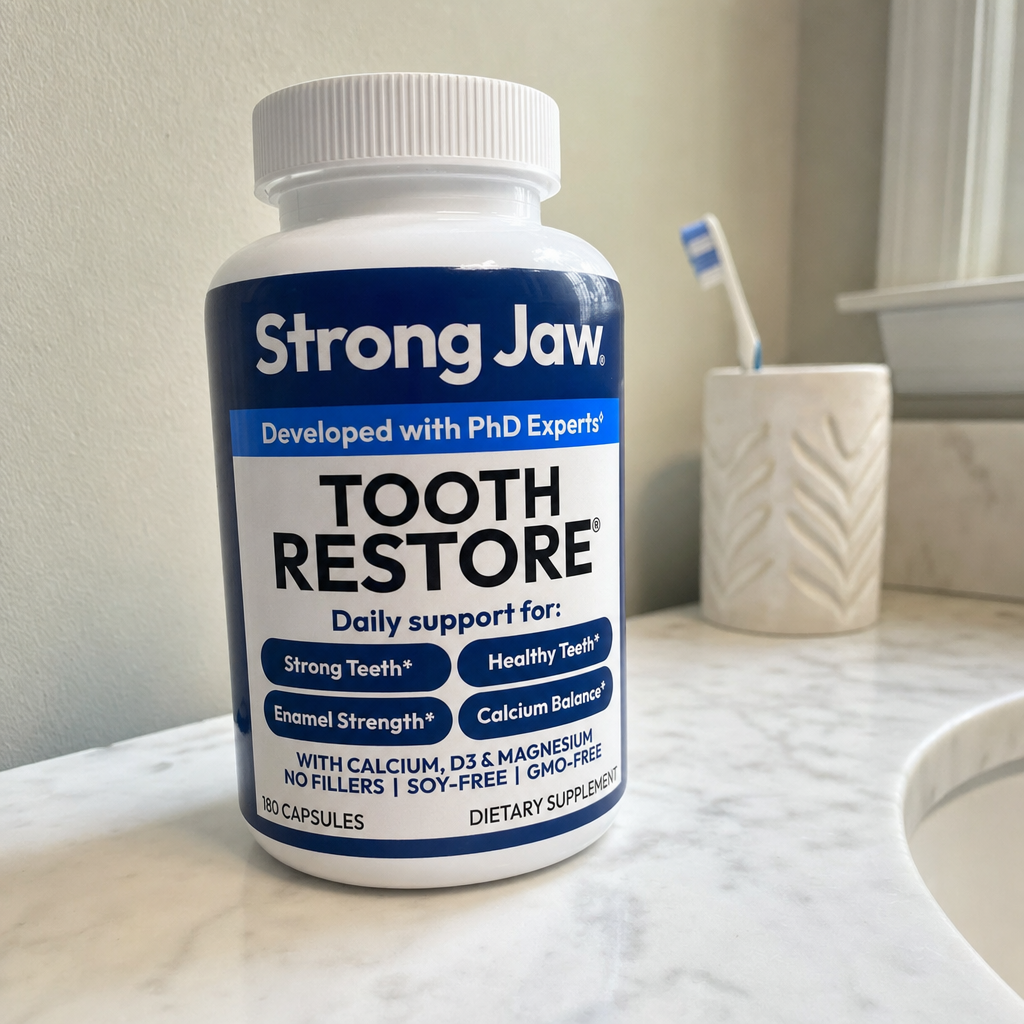 A bottle of Strong Jaw Tooth Restore dietary supplement on a marble bathroom counter next to a toothbrush.