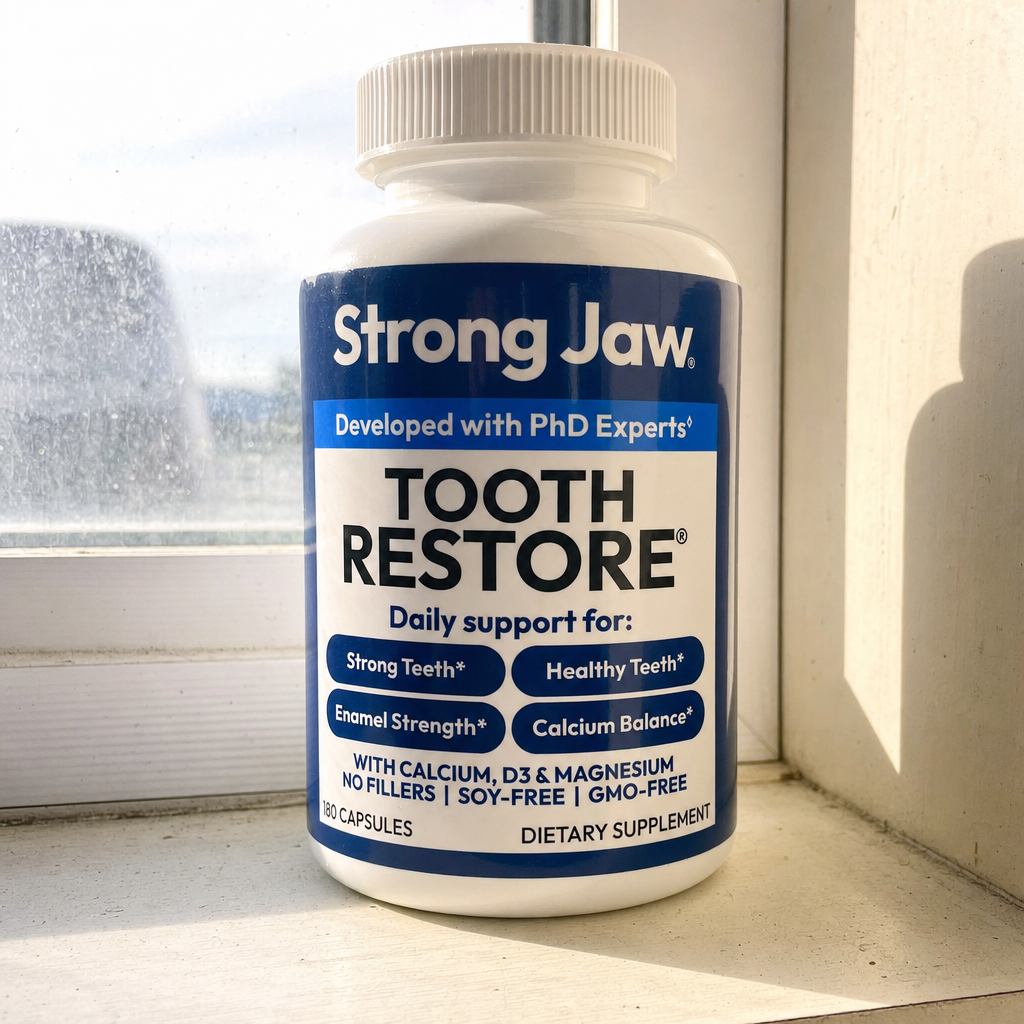 A white bottle of Strong Jaw Tooth Restore dietary supplement capsules sitting on a windowsill.