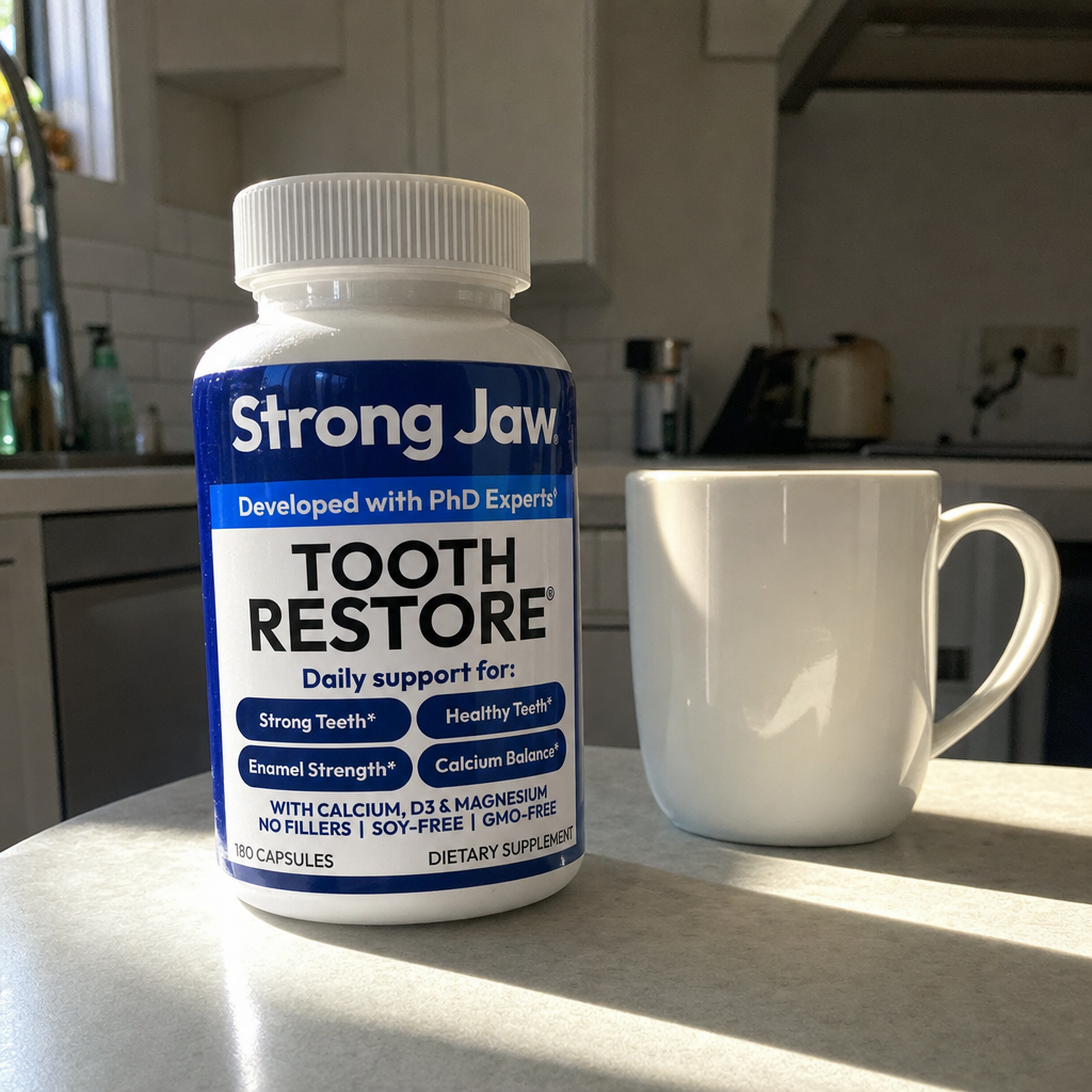 A bottle of Strong Jaw Tooth Restore supplements sits on a kitchen counter next to a white mug.