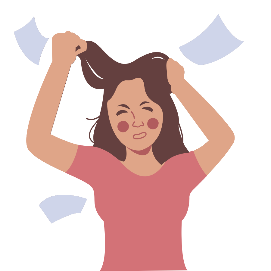 Illustration of a frustrated person pulling their hair with papers flying around.