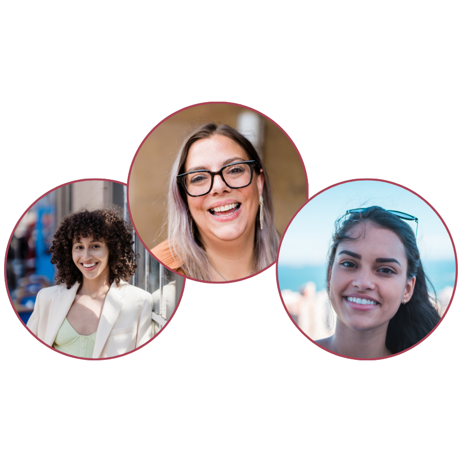 Three women smiling in separate circular frames.