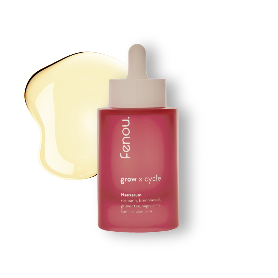 Pink dropper bottle labeled 'fenou. grow x cycle' with yellow liquid splash.