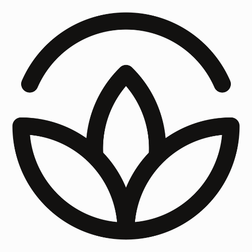 Black and white abstract logo with three leaves and a curved line.
