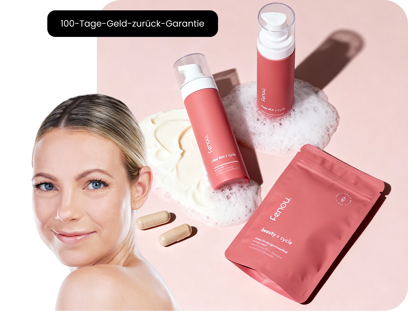 Skincare products and packaging with pills, foam, and a smiling woman against a pink background.