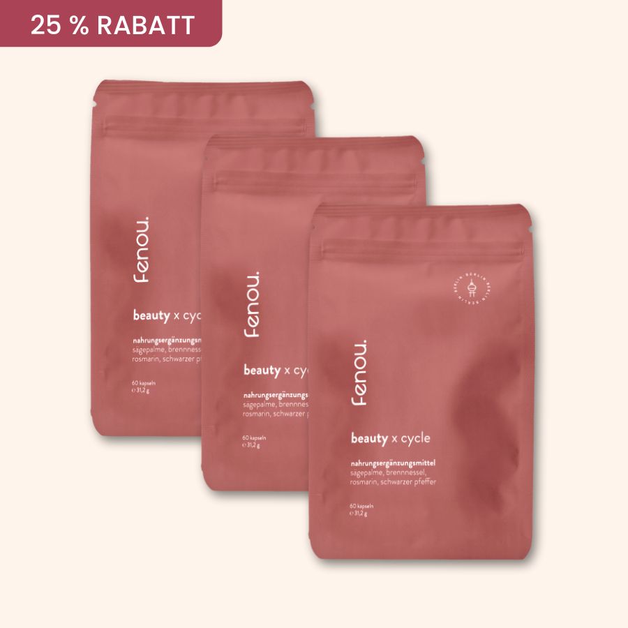 Three pink product pouches with 'fenou' branding and '25% Rabatt' label.