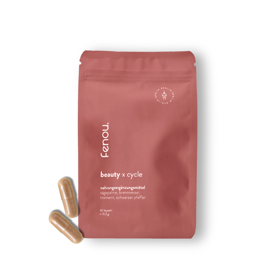Red package labeled 'fenou. beauty x cycle' with two capsules beside it.