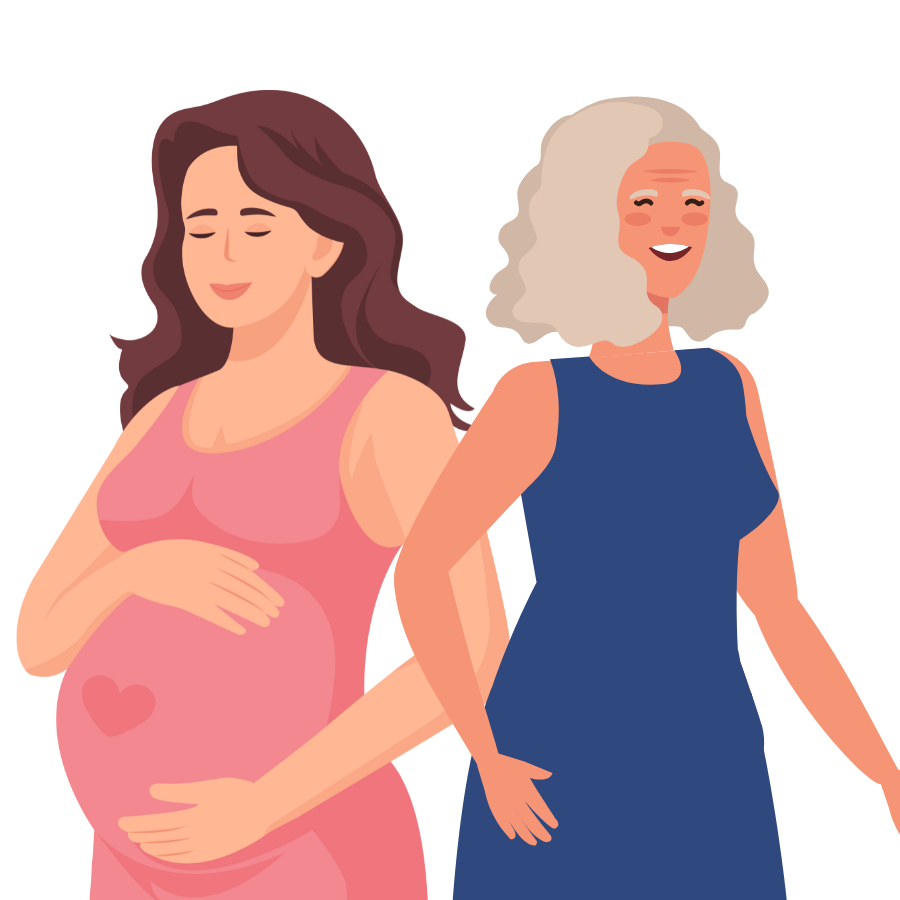 Illustration of a pregnant woman and an older woman standing back to back.