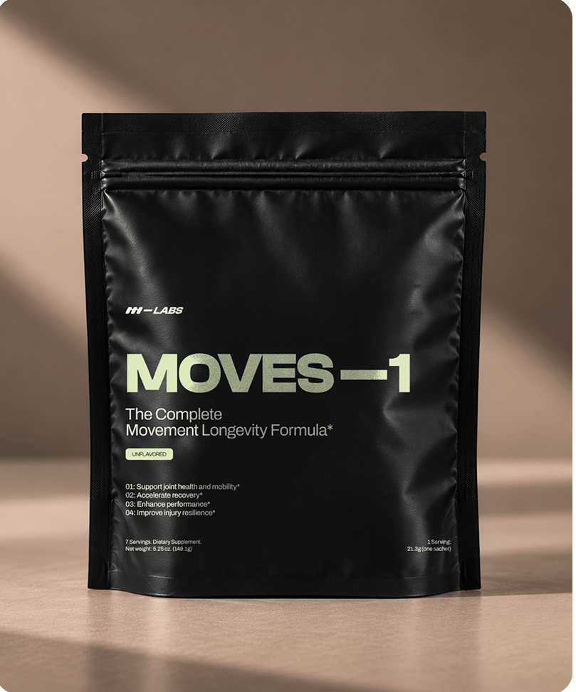 A black pouch of M-LABS Moves-1 dietary supplement, The Complete Movement Longevity Formula, on a tan surface.