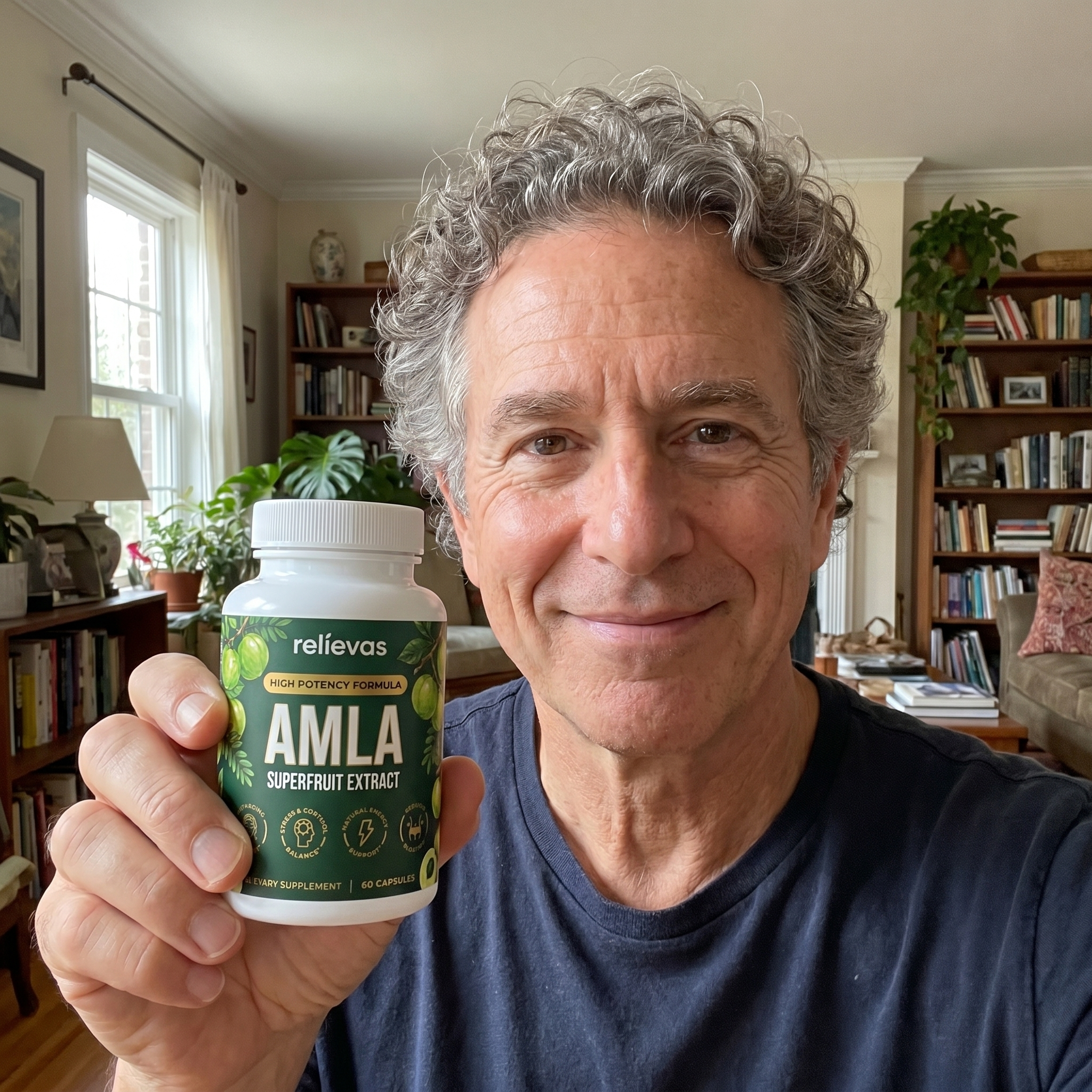 A man with curly gray hair smiles while holding a bottle of Relievas Amla Superfruit Extract supplements.