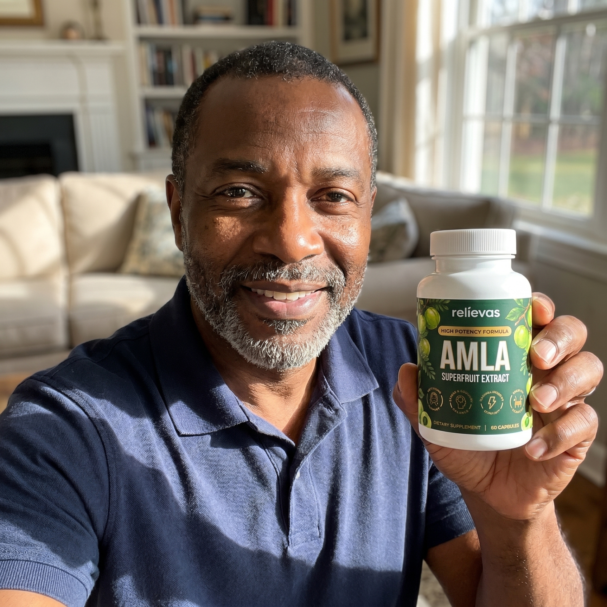 A smiling man in a blue polo shirt holds up a bottle of Relievas Amla Superfruit Extract supplements.