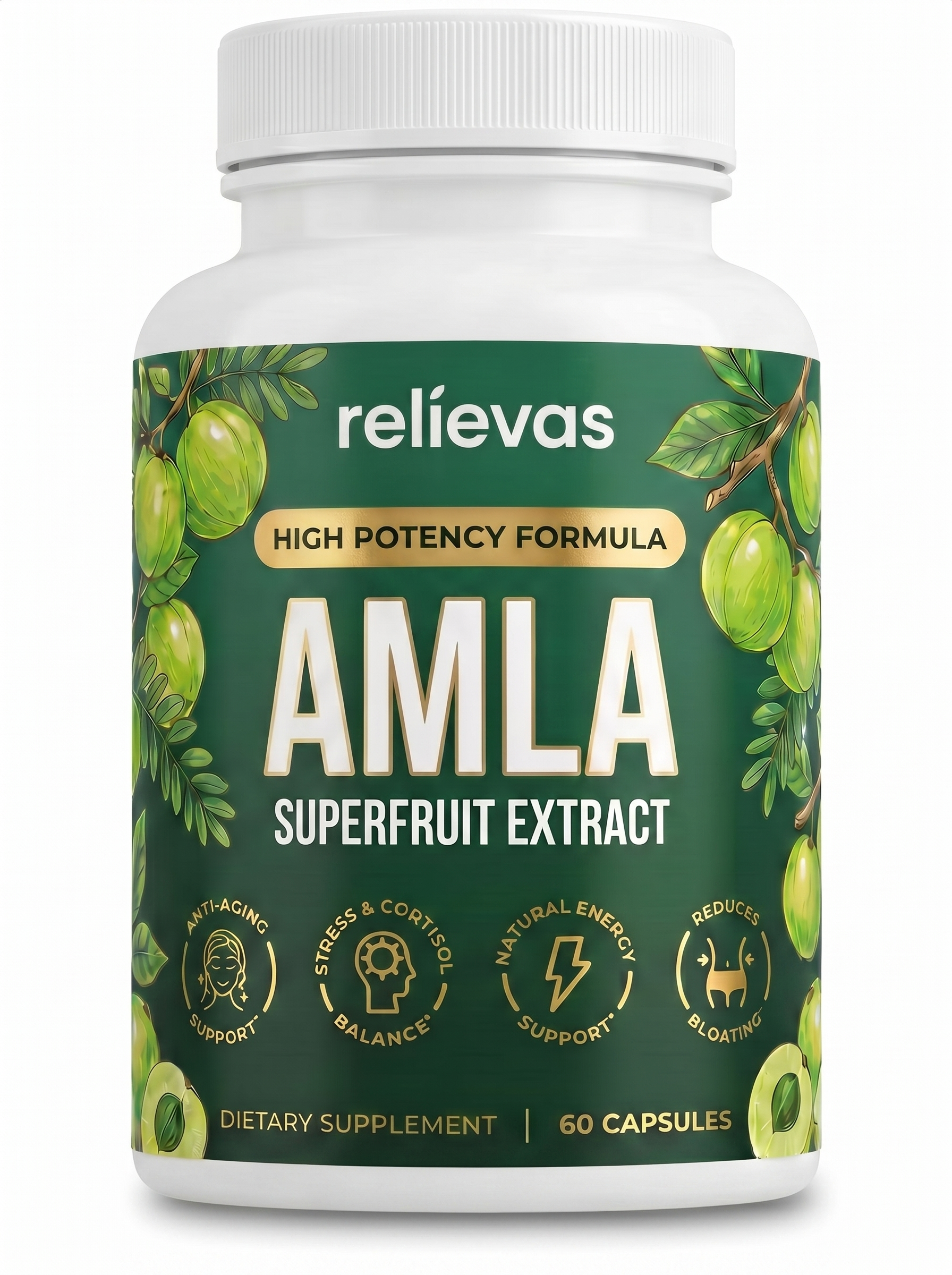 A white bottle of Relievas Amla Superfruit Extract dietary supplement against a plain white background.